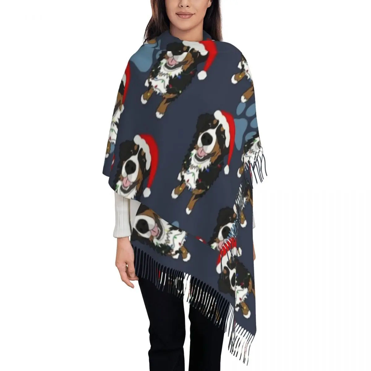 Женский шарф с кисточками Рождественская Бернская горная собака Длинная зимняя
