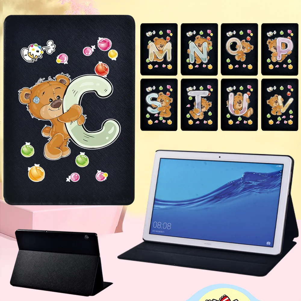 

Leather Stand Cover for Huawei MediaPad T5 10 10.1/T3 10 9.6 Inch/T3 8.0 Drop Resistance Bear 26 Letters Pattern Tablet Case