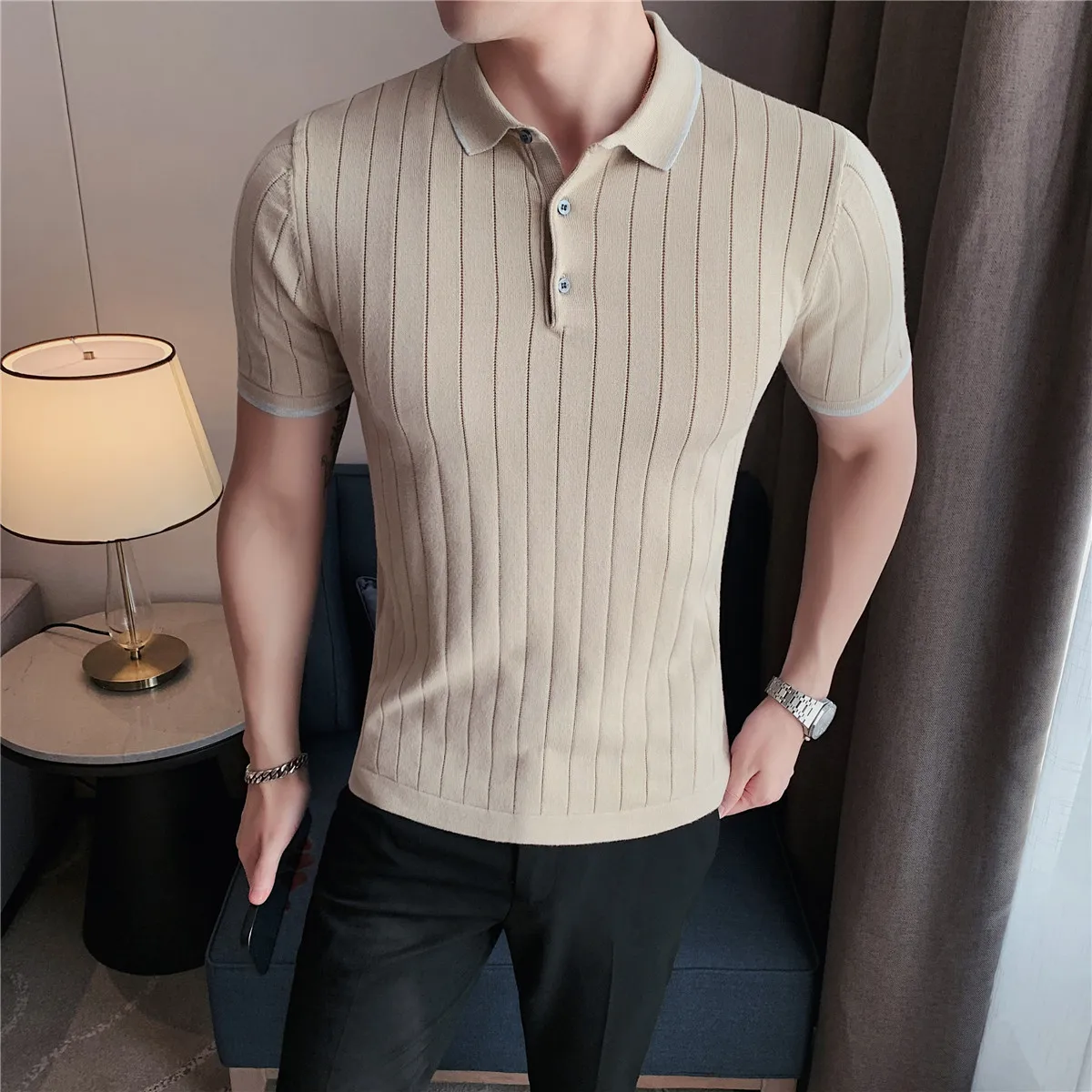 

2023 Men's High Quality Stripe Knit Polo Shirts - Short Sleeves, Slim Fit, Multiple Colors Available, Sizes M-3XL
