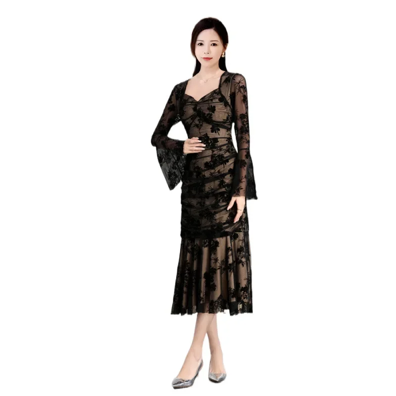 2024 осенняя новая черная облегающая юбка в светском стиле платье чайного времени