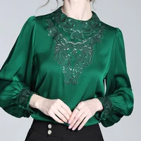 silk double shirt womens 2022 spring new long sleeved stitching embroidered sequins women shirts blouses o neck