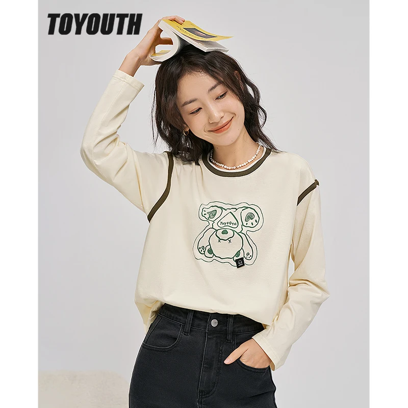 Toyouth Women Tees 2022 Autumn Long Sleeve O Neck Loose T-shirt Apricot 100% Cotton Cartoon Bear Print Casual Streetwear Tops