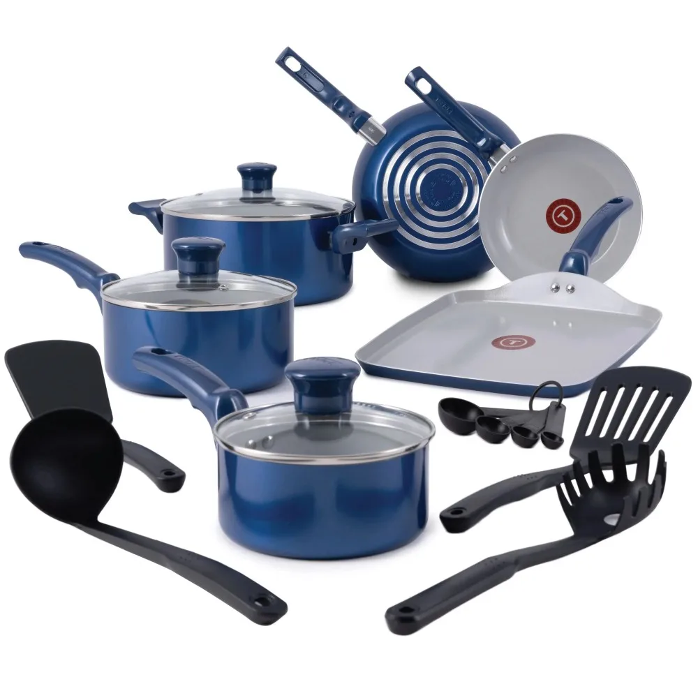 

T-fal Kitchen Solutions 14-Piece Ceramic Non-Stick Cookware Set, Blue
