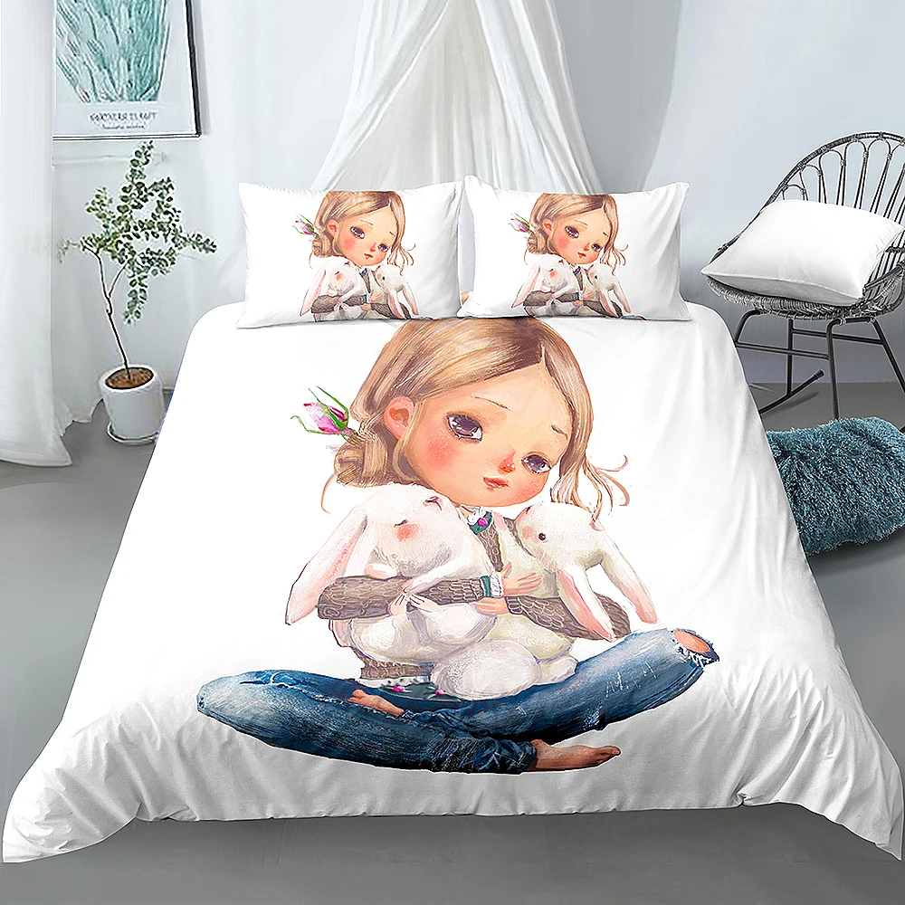 

Милые комплекты постельного белья с пододеяльником и принтом для девушек, Королевский размер, одеяло, чехлы с подушкой, чехол для красивой д...