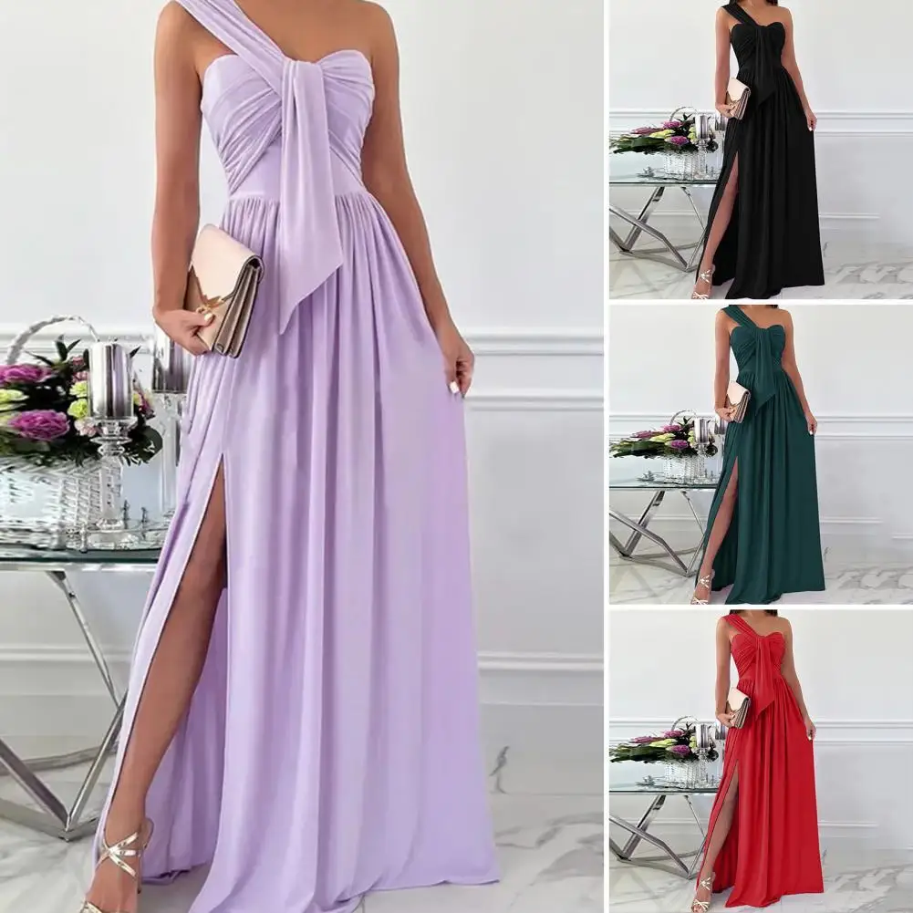 

Soft Texture Breathable One Shoulder Pleated Lady Long Dress Female Clothes