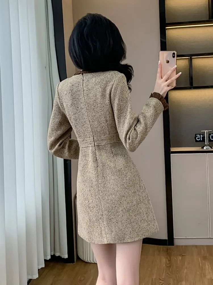 Graceful Waist Hugging Retro Short dress Autumn and Winter New High-Grade Slimming Temperament French sle Slim fit Ribbon d...