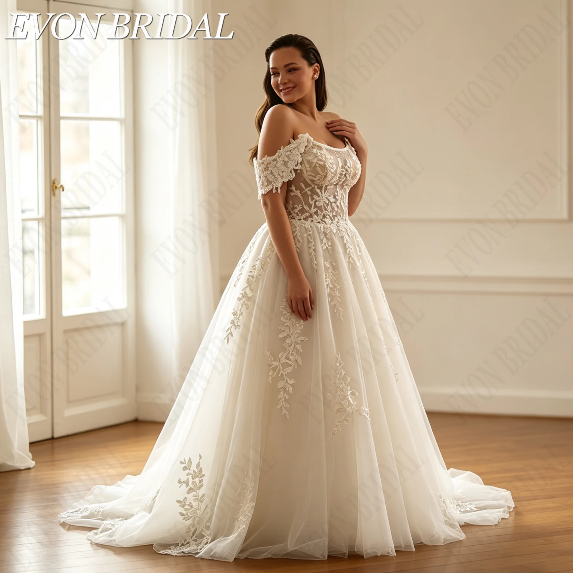 Фото EVON BRIDAL Плюс сайз свадебное платье без плеч для женщин кружевные аппликации А-линия свадебное платье садовое открытая спина свадебное платье на заказ большой размер кружево вышивка пышная юбка свадьба на открытом №5