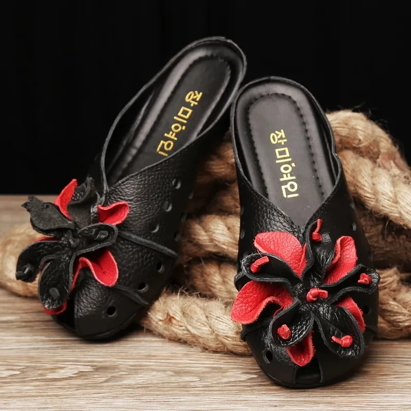 

Fashion Bloom Floral Slippers Women Outdoor Ethnic Style Green Half Loafer Slipper Shoes Genuine Leather Women's Summer Slippers