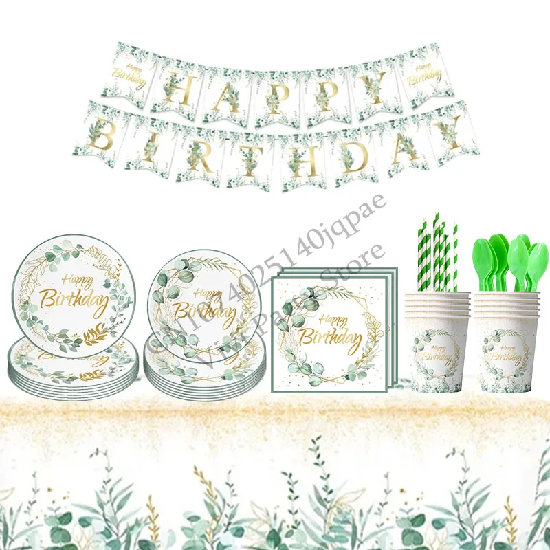 

Одноразовая посуда с зелеными листьями эвкалипта, украшение для вечеринки в честь Дня рождения ребенка, детский праздник на 1-й день рождения, товары для вечеринки
