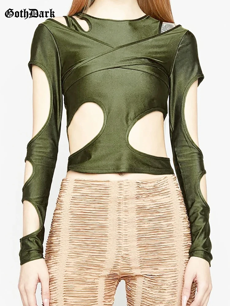 

Goth Dark Cut Out Cyber Y2k Sexy Women T-shirts Gothic Punk Irregular Patchwork Crop Tops Techwear Fairy Grunge Long Sleeve Tees
