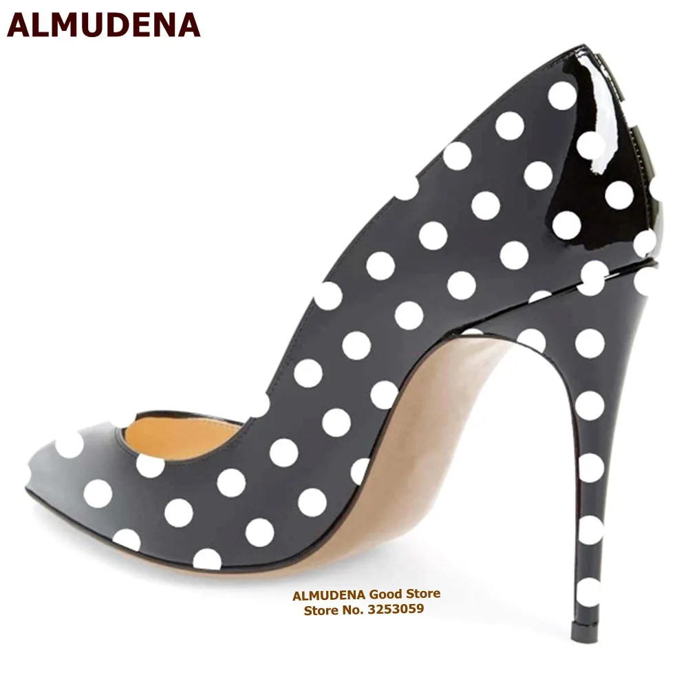 ALMUDENA Black/White Patent Leather Polka Dots High Heels 12cm 10cm 8cm Stiletto Heels Pointy Toe Classy Pumps Slip-on Shallow