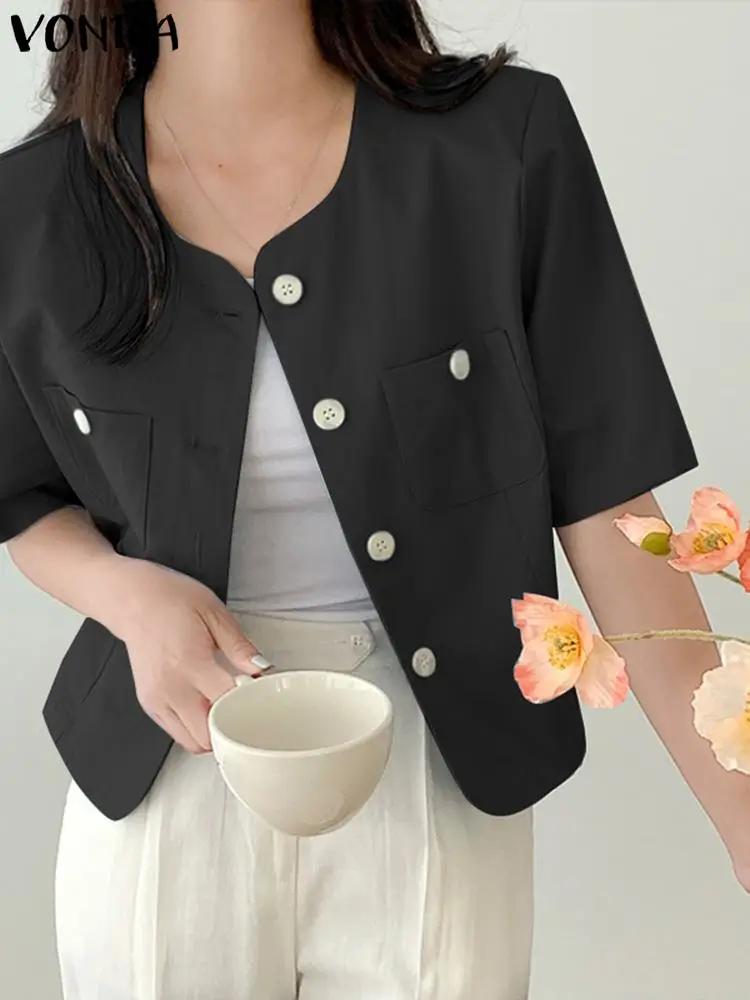 VONDA Fashion Women Blazer 2023 Casual Short Sleeve Blazer Elegant Coat Lady Office Button Outerwear Fashion Overcoat Oversized