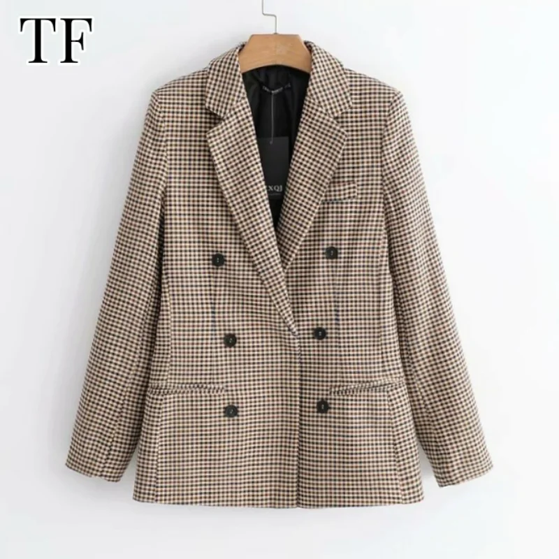 

Autumn Women Gingham Blazers Vintage Long Sleeve Office Lady Tailored Coats Female Double Breasted Outerwear Fashion Chic Tops