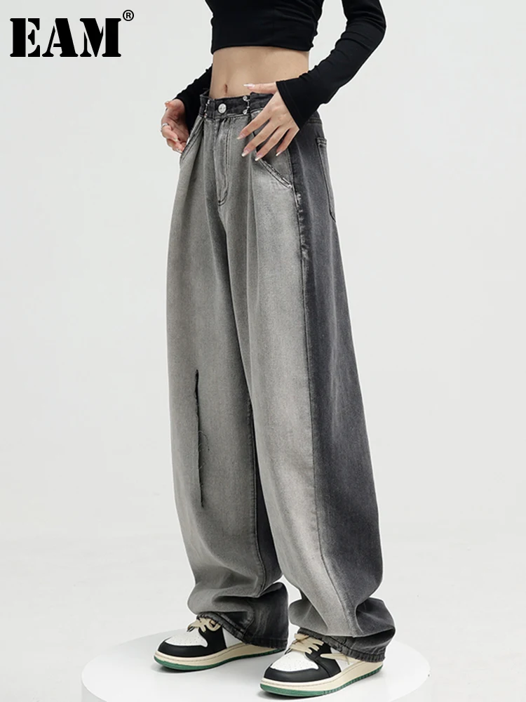 

[EAM] Черные джинсы с высокой талией, с цветными блоками, длинные джинсы с широкими штанинами, новые свободные женские брюки, модные весенне-ос...