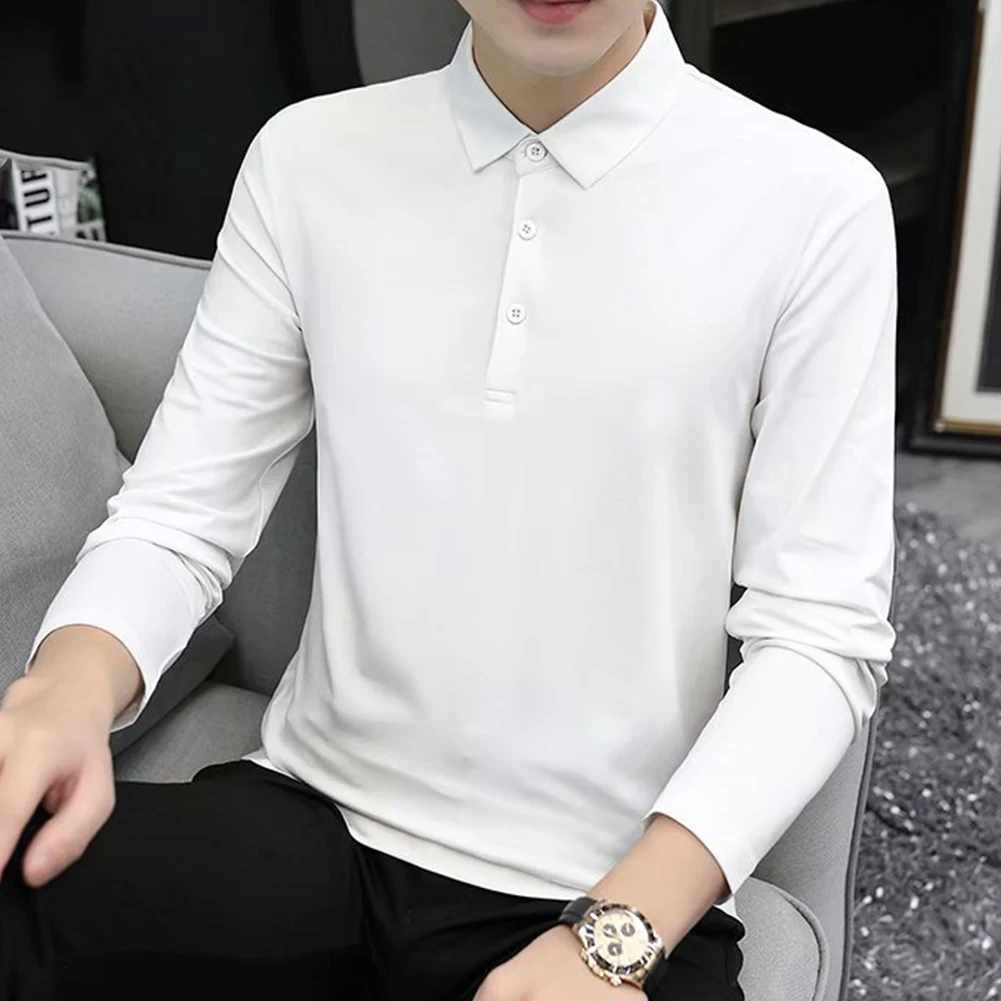 

New Autumn Spring Men's Business Long Sleeve Polo-Collar Cotton T-shirt Youth Fashion Solid T Shirts Tees Top Clothing