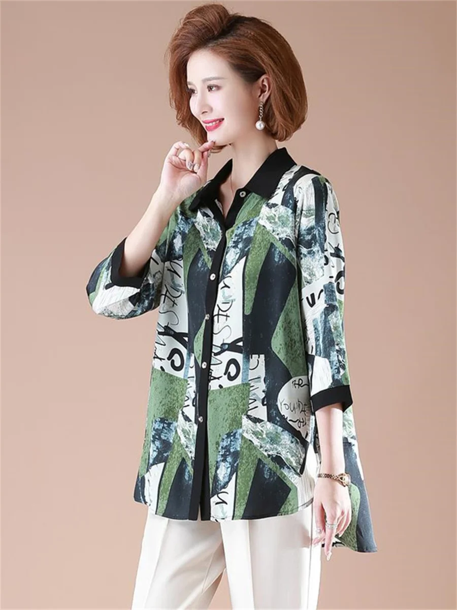 

5XL Loose Women Spring Summer Blouses Shirts Lady Fashion Casual Half Sleeve Turn-down Collar Printing Blusas Tops TT2428