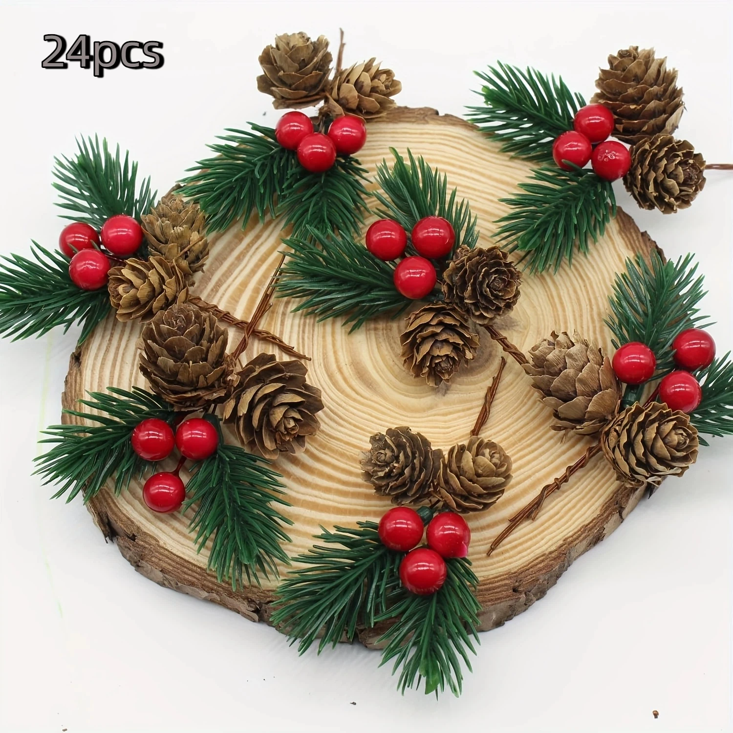 

24 Шт. Искусственных Сосновых Веток С Реалистичными Красными Ягодами И Пластиковыми Шишками