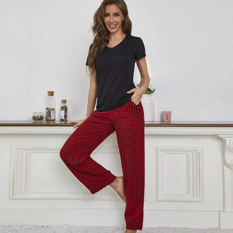 

Women Pajama Sets Short Sleeve Top&Plaid Pants 2 Pieces Pijama Pyjama Set Sexy V-neck Sleepwear Spring Summer Casual Home Wear