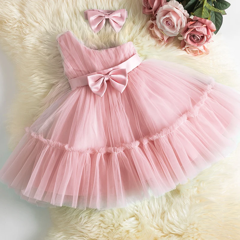 

Baby Girls Dress 1 2 Year Birthday Bowknot Tutu Christening Gown Newborn Infant 0-24 Month Princess Baptism One Shoulder Clothes