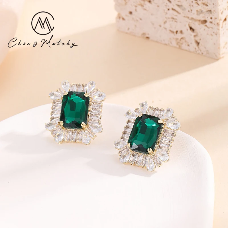

Chic Matchy Square CZ Statement Earrings Green Crystal Stone Wedding Earrings Aretes De Mujer Evening Party Jewelry
