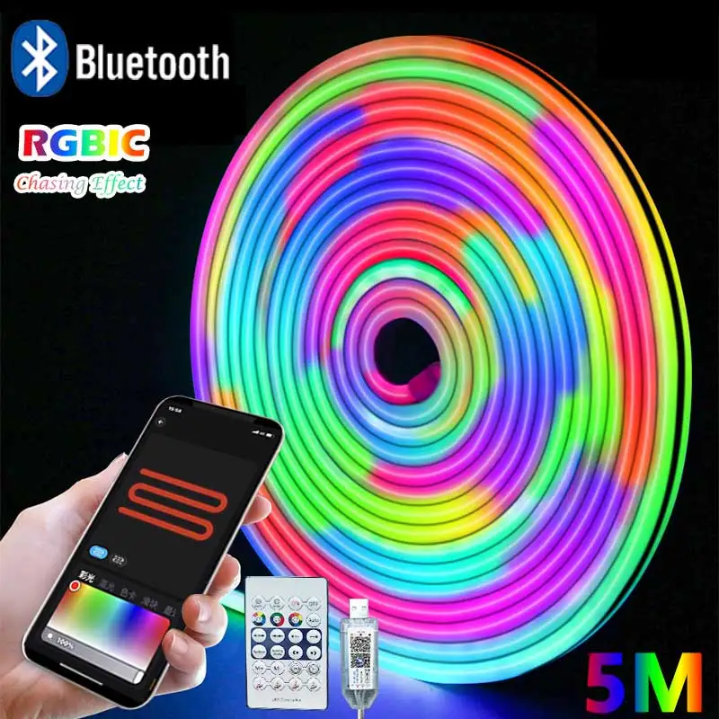 Bluetooth RGBIC Неоновая лента 5 В светодиодная Smart 1M 2M 3M 5M Водонепроницаемая Flex Led для