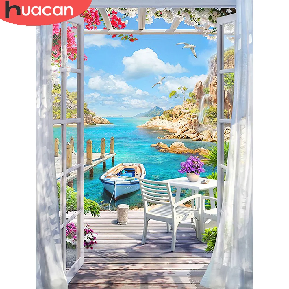

HUACAN 5D Diamond Painting Window Seaside Embroidery Landscape Full Drill Mosaic Mountain Cross Stitch Kits Wall Art