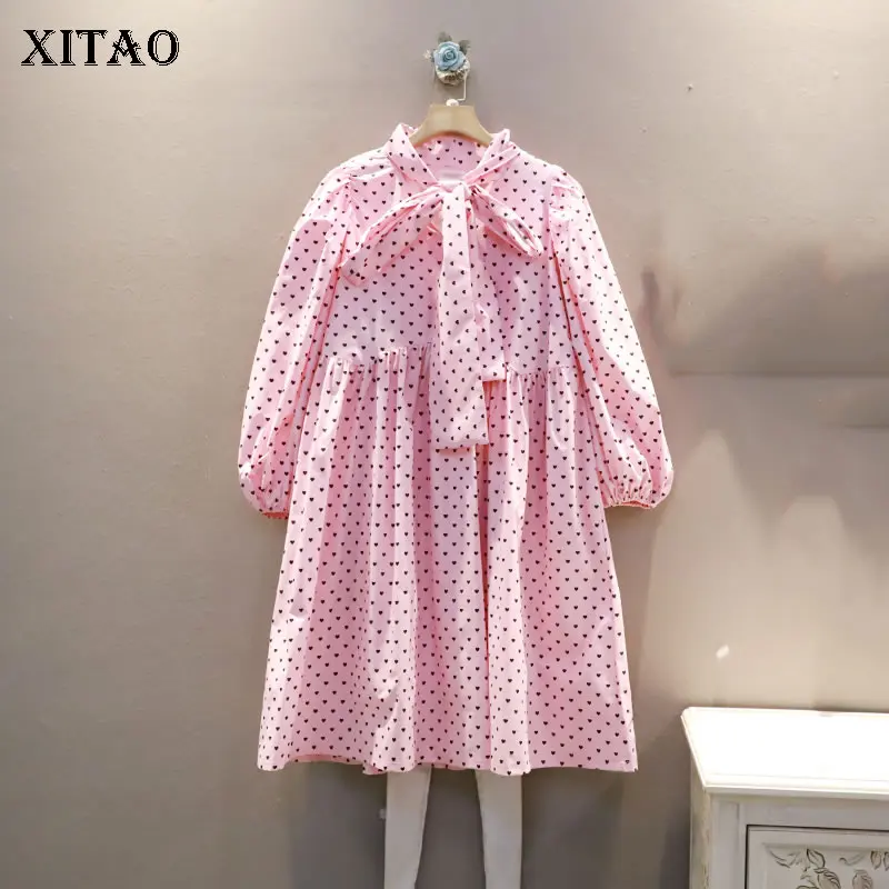 

XITAO/платья с принтом в форме сердца, милые, со шнуровкой, с бантом, корейский стиль, свободные, большие размеры, Новое поступление, для женщин ...