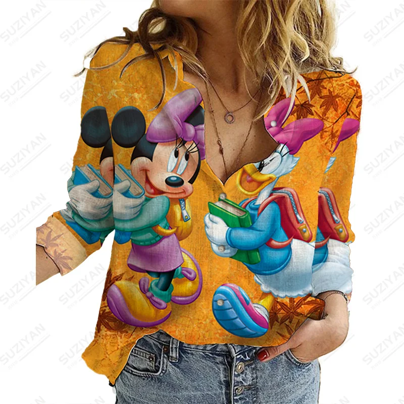

Women'S Fashion Printed Tops Long Sleeve Blouse Lapel Camisa Disney Minnie Blous Elegant Turn-Down Collar Blouse