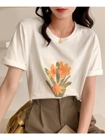 vintage print top tshirts for women korean fashion womens clothes 2022 summer short sleeve tshirt white t shirt tee shirt femme