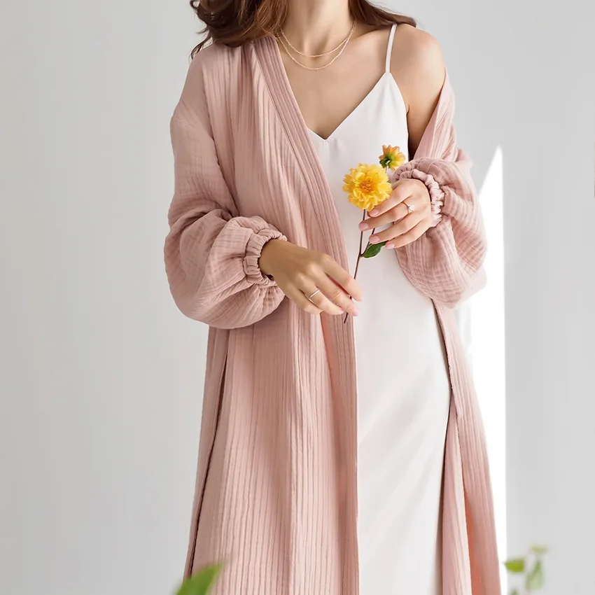 BKQU Solid Color Sleepwear Women's Pajams Puff Sleeves Bathrobe Female Nightwear Cotton Robes Home Wear Autumn Loungewear 2023