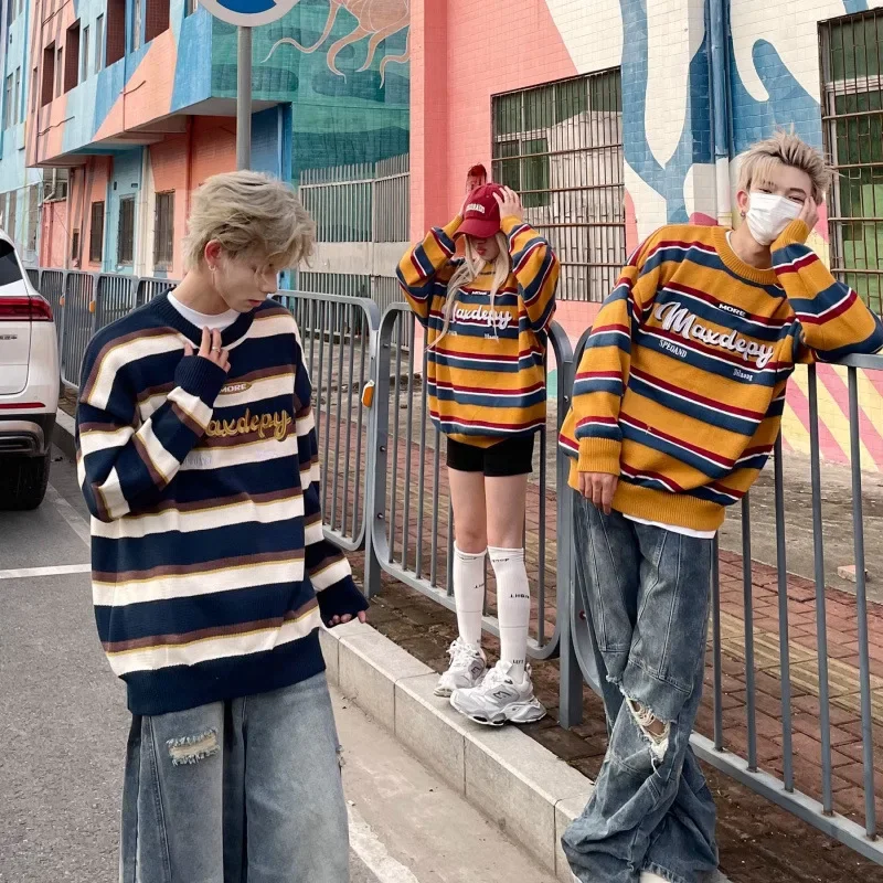 Винтажный вязаный свитер в американском стиле черный и красный цвет свободный