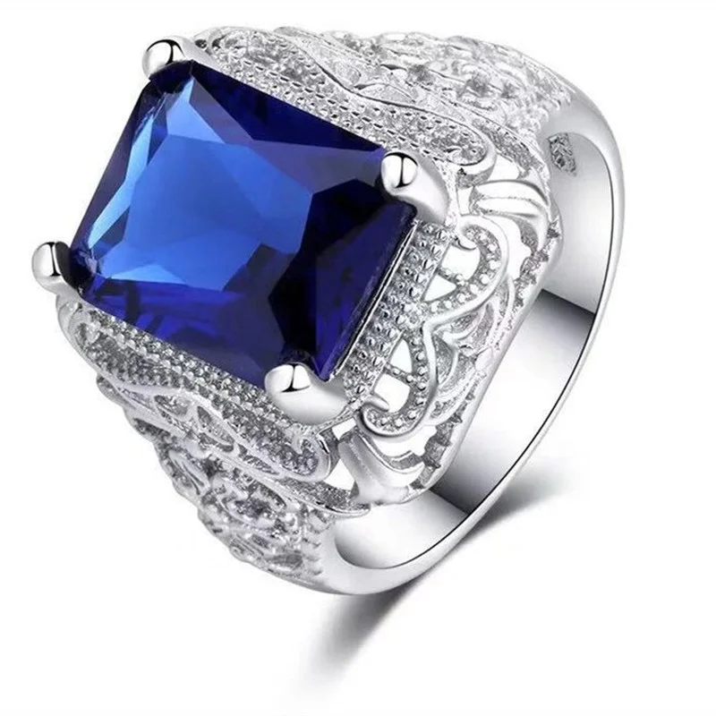 

Classic Palace Style Big Blue Square Cubic Zircon Finger Ring Craved Hollow Geometric Flower Pattern for Women Wedding Jewelry