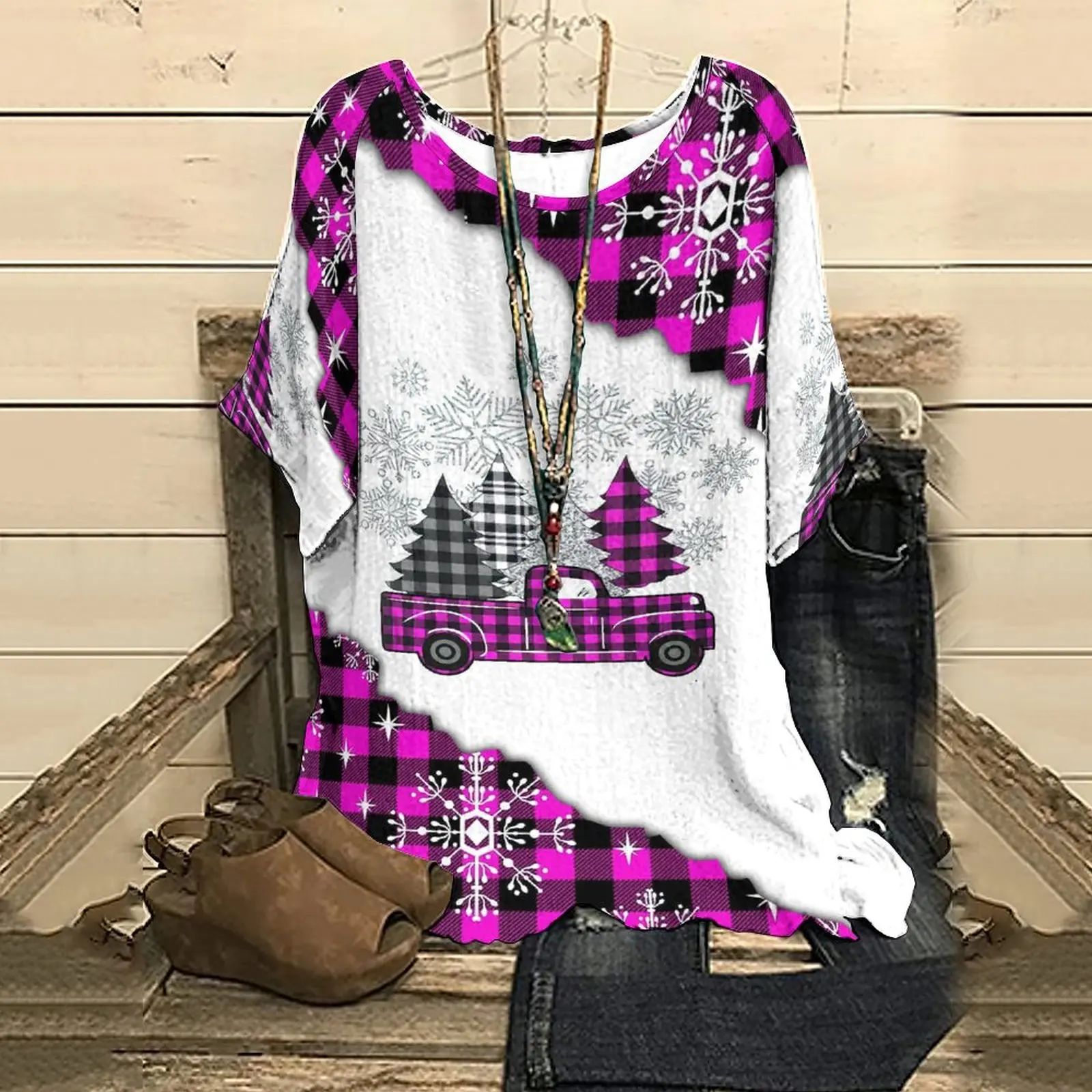 Летняя женская футболка с рукавом до локтя, топ с принтом новогодней елки, футболка