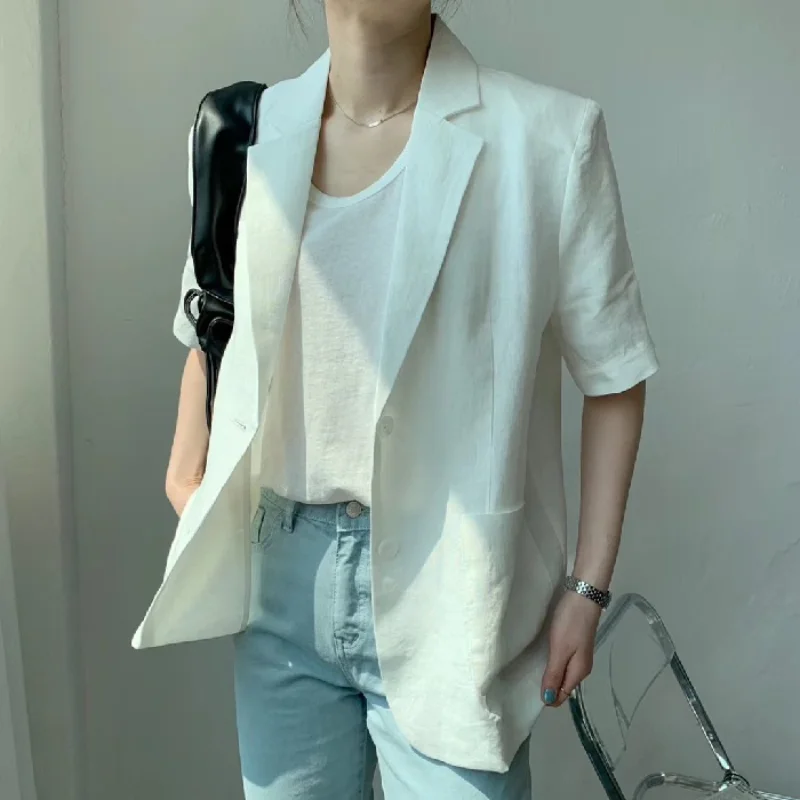 Korean Style Fashion Minimalism Women Black White Casual Linen Blazer Notched Short Sleeve Loose Jacket Tide 2021 Summer Jackets