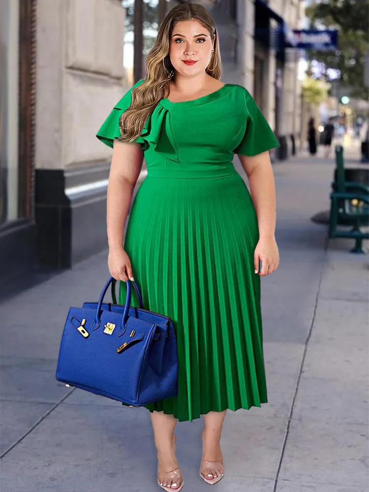 

Midi Plus Size Pleated Dresses Women Short Sleeve Ruffles Elegant Yellow Fit and Flare Summer Fashion Robes Going Out Party 2022