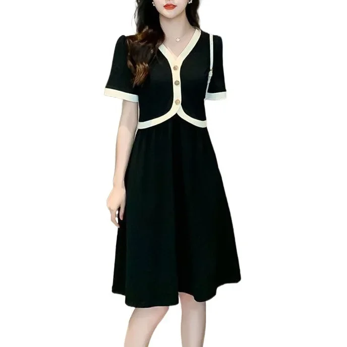 Женское твидовое платье больших размеров двухсекционное черное с иллюзией для