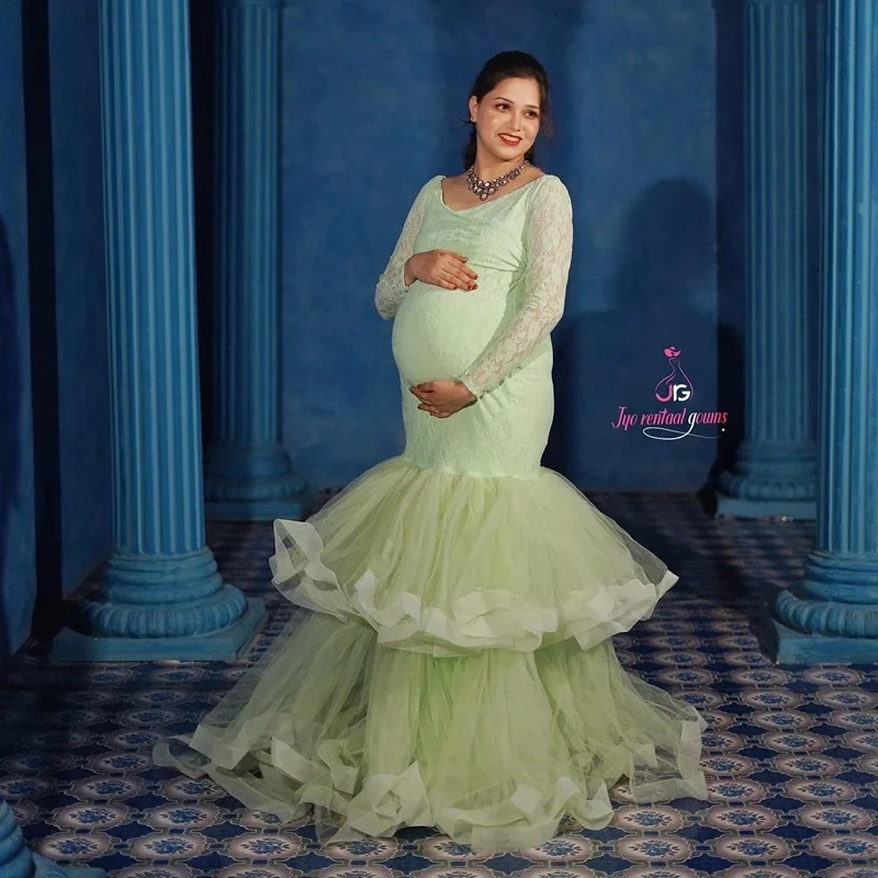 

Green Mermaid Maternity Dresses for Photography Lace Fluffy Ruffles Gowns Long Sleeves Pregnant Women Robes