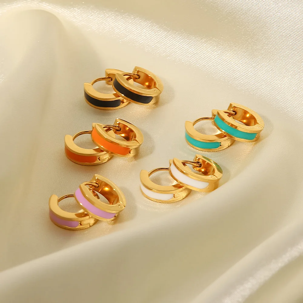 

2023 Hot Sale Enamel Small Size Huggie Hoop Earrings Stainless Steel Gold 18K Plated Oil Dripping Ear Cuff