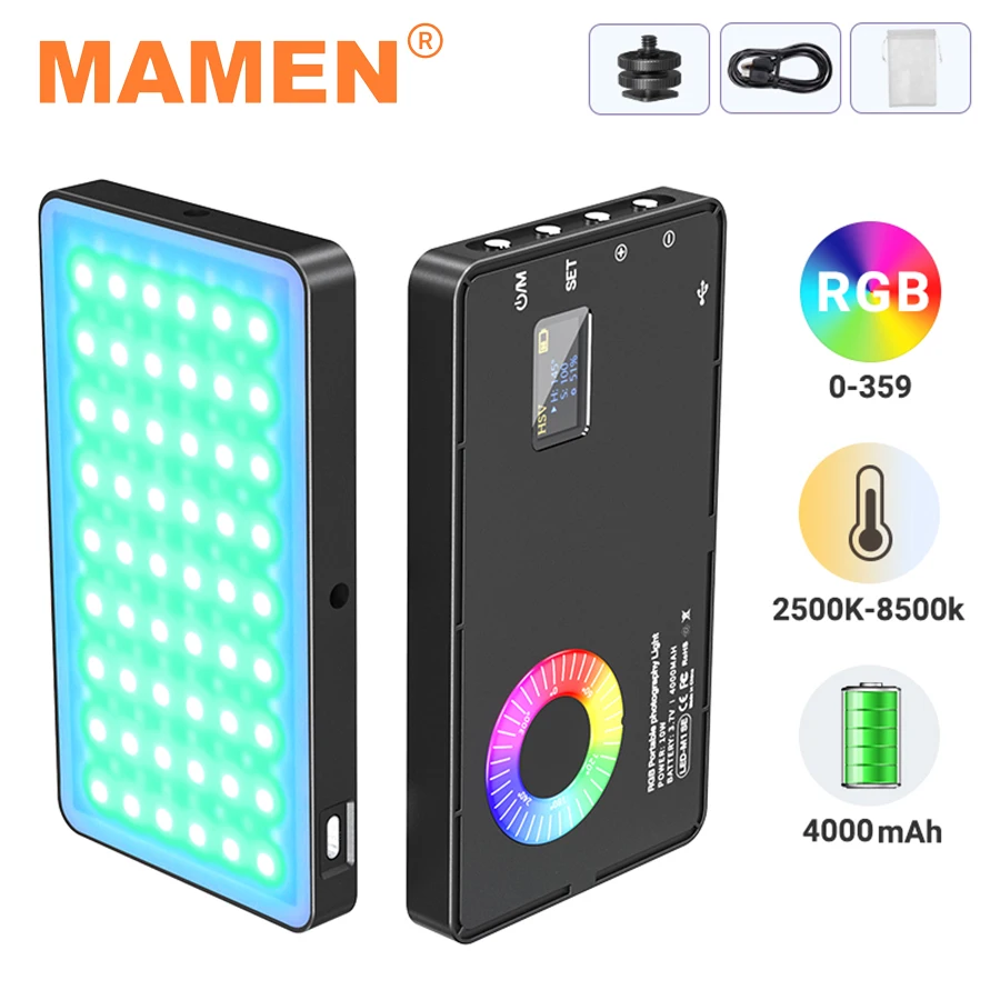 Многофункциональная вспышка для видеосъемки MAMEN RGB s 4000 мАч 2500-8500K CRI 95 + 10 Вт