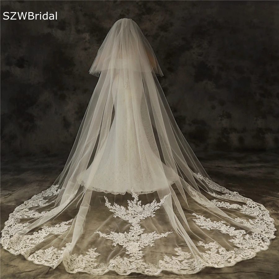 

New Arrival Two Layers White Ivory Cathedral Wedding veils Lace Appliques Wedding accessories Velos de novia Voile mariage