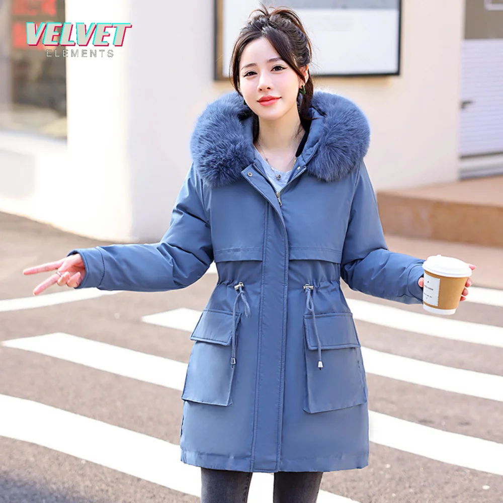 VE 2023 New Winter Jacket Women Parka Big Fur Collar Hooded Thick Warm Long Female Coat Casual Outwear Down Cotton Jacket Parkas
