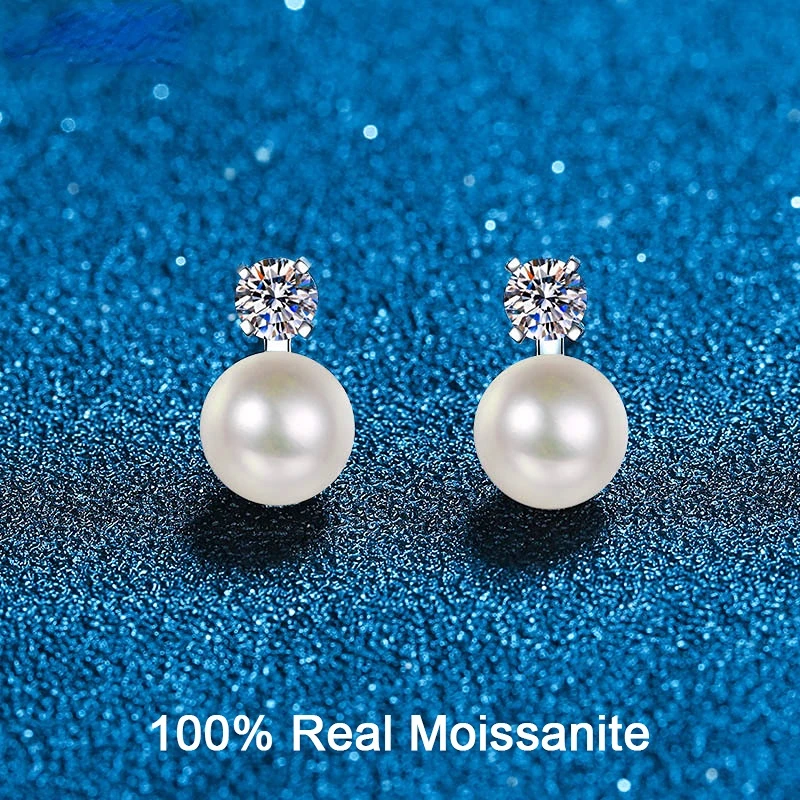 

9mm Freshwater Cultured Pearl Stud Earrings Bridesmaid VVS1 D Color Moissanite S925 Sterling Silver Luxury Jewelry for Brides
