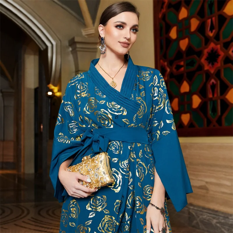 Baju Muslim For Woman 2023 Vintage Print Casual Loose  Kimono Abaya Dolman Sleeve Belted Religious Robes Ramadan Wear