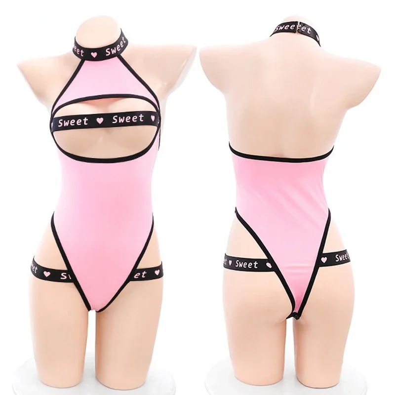 

Anime Pink Sweet Heart Baby Hollow Bodysuit Car Model Cheerleading Sexy Uniform Cosplay Women Roleplay Underwear Lingerie outfit