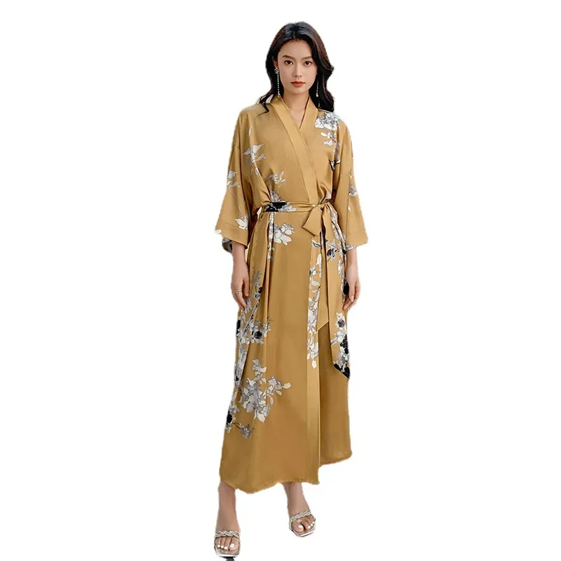 2023 New Nightgown Women's Spring and Summer Thin Section Ice Silk Satin Printing National Style Tie Morning Robe Bathrobe
