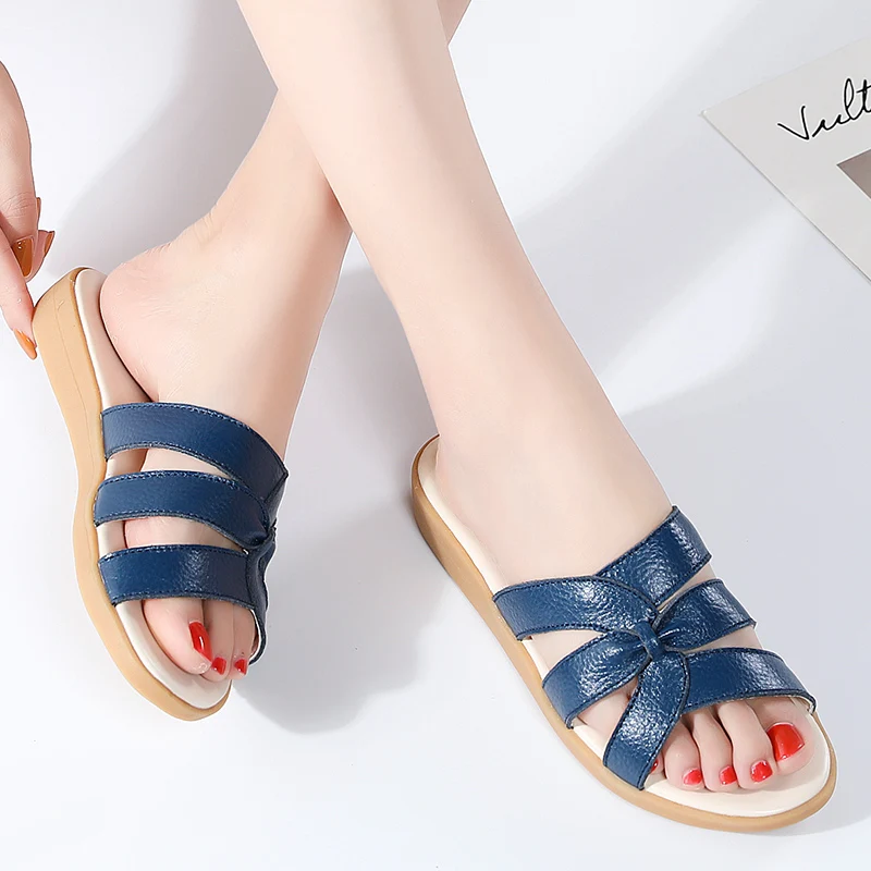

Slippers Shoes Women Genuine Leather Low Heel Narrow Band Slides Wedge Heel Ladies Footwear Summer Beach Shoes