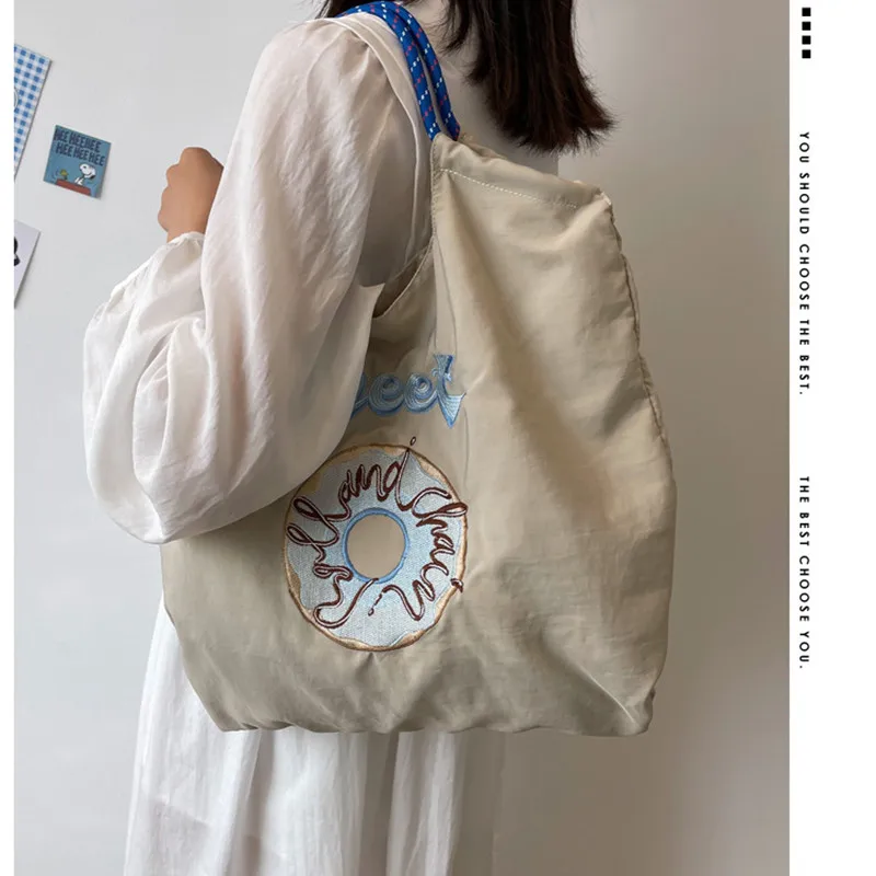 

Embroidery Japanese Nylon Bag Urltra-Light women's Tote Canvas Bag Doughnut Cloth Bag ECO Open Pocket Solid Color Shoulder Bags