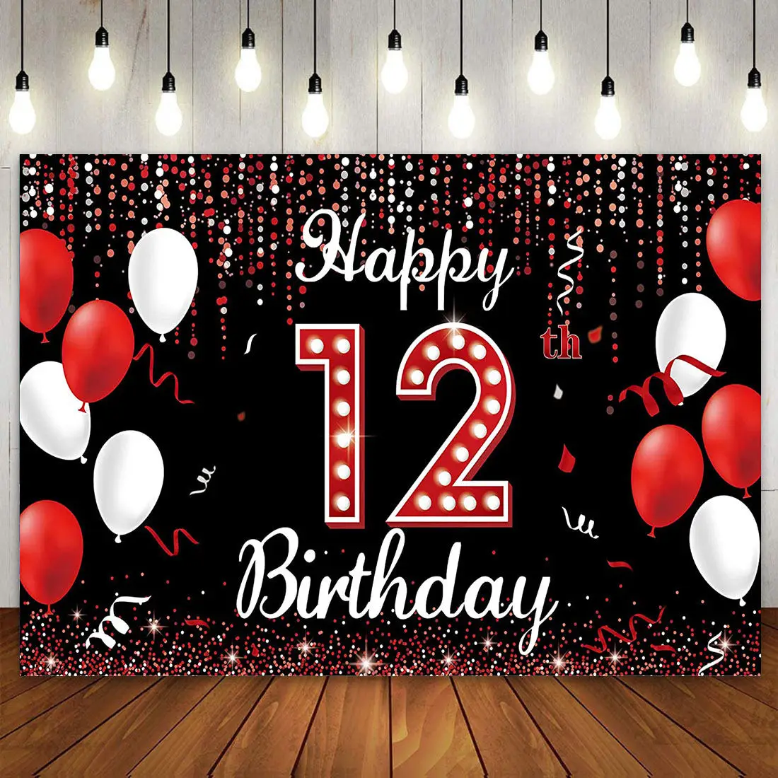 

Happy 12th Birthday Party Decor Backdrop Banner 12 Years Old Red Black Balloon Glitter Dripping Photography Background for Girls