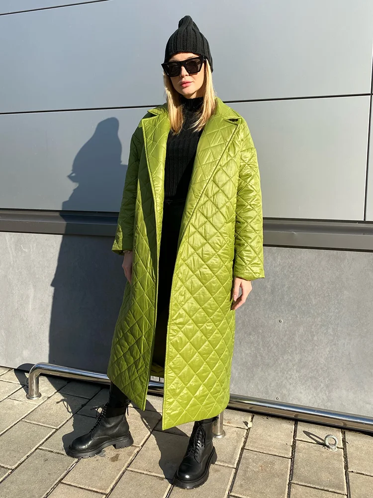 Winter Woman Coat 2022 Long Straight Rhombus Pattern Parkas Green Casual Sashes Windproof Warm Thick Coat Elegant Female Outwear