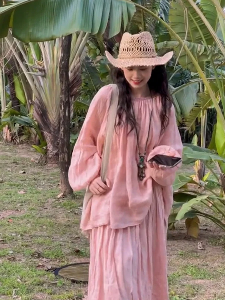 Mori Super Immortal Escaping Princess Linen Long Dress Set Yunnan Tourism Holiday Pink Cotton Linen Dress Spring